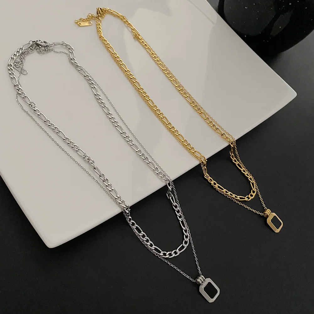 Fashion Stainless Steel Fine Double Layer Black Enamel Pendant Neckalce Sexy Double Layers Chain Choker Necklaces For Women Gift