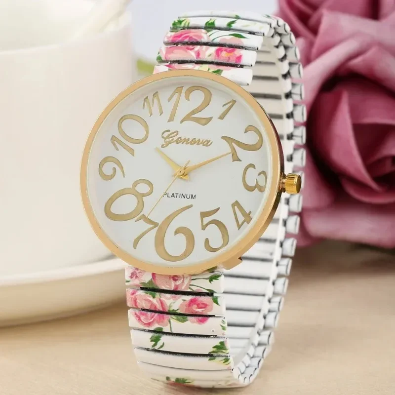 Relojes de cuarzo para Mujer, Reloj de pulsera grande con números árabes para Mujer, Reloj único con correa elástica con estampado, relojes para niñas, Reloj para Mujer