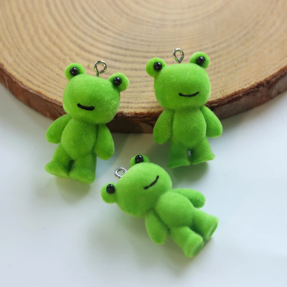 50Pcs 3D Cute Flocking With Eyed Frog Resin Charms Cartoon Animal Plush Pendant For Bag Earring Keychain DIY Crafts Jewelry Make