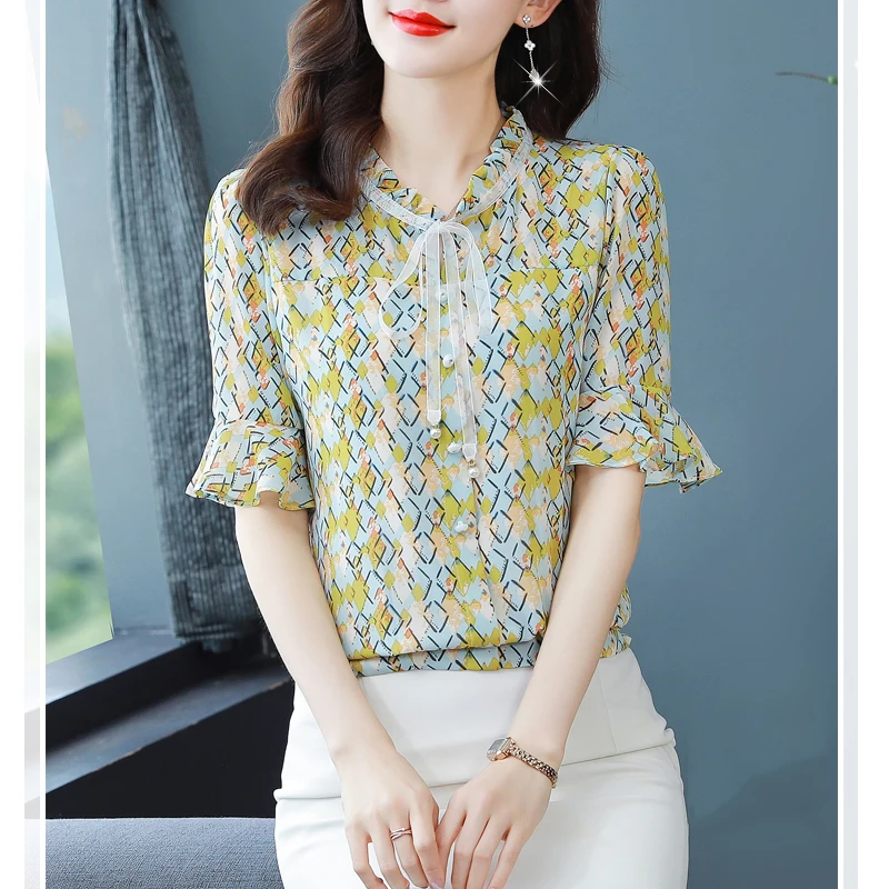 Women\'s Korean Fashion Print Ruffle Lace Up Blouse 2024 New Summer Elegant Short Sleeve Shirt Chic Slim Sweet Tops Casual Blusas