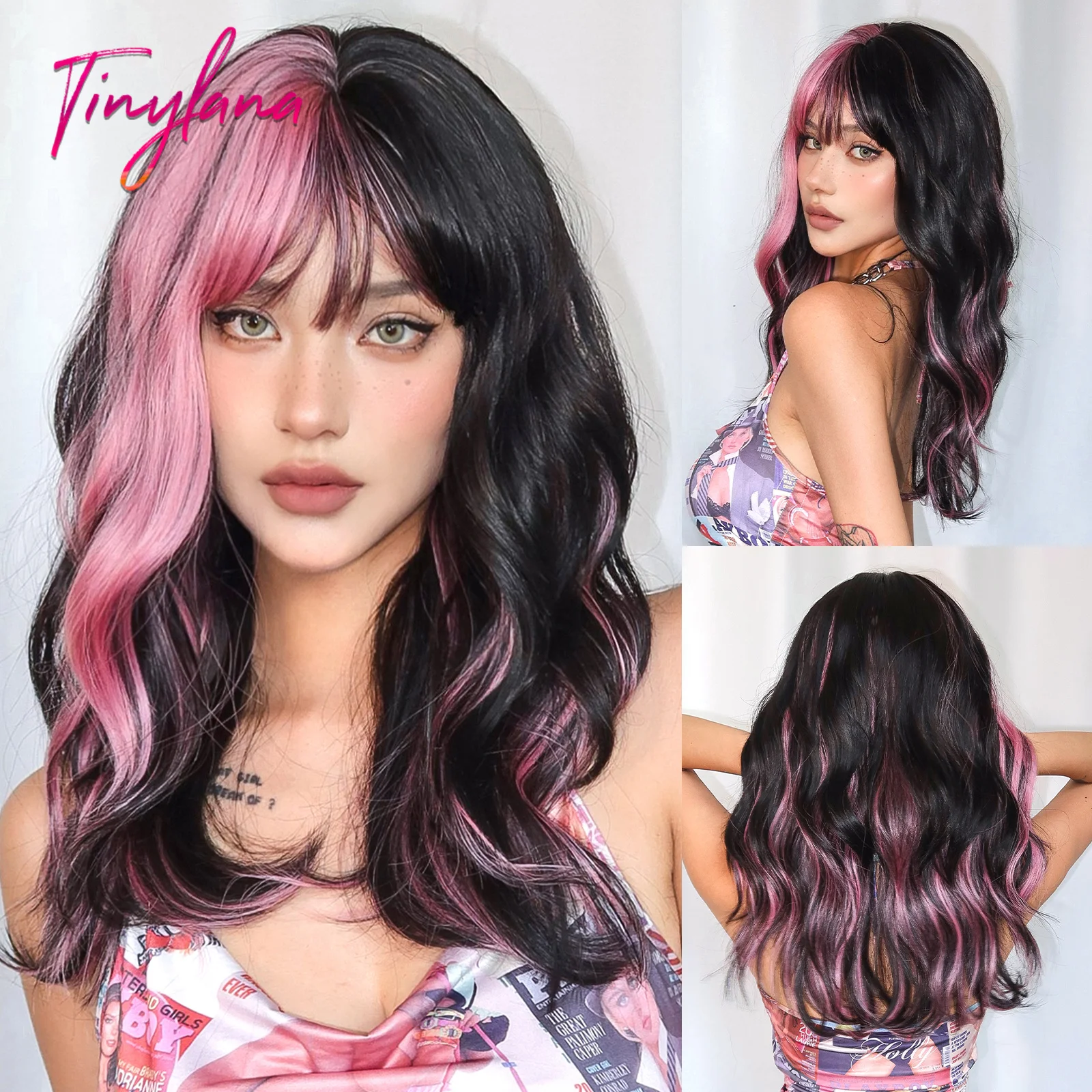 Long Curly Pink and Black Wavy Synthetic Wigs with Bangs Cosplay Christmas Halloween Hair Two Tone Wig for Women Heat Resistant