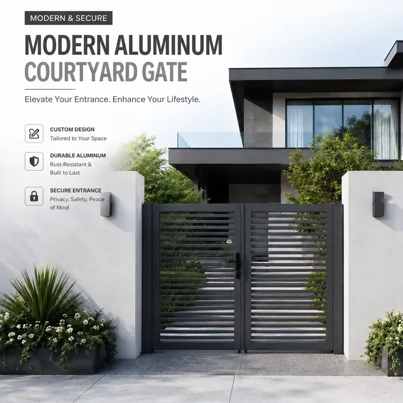 Aluminum Alloy Courtyard Entrance Door Modern Swing Water Resistant Garden Gate Outdoor Use 3-Year Warranty Finished Surface