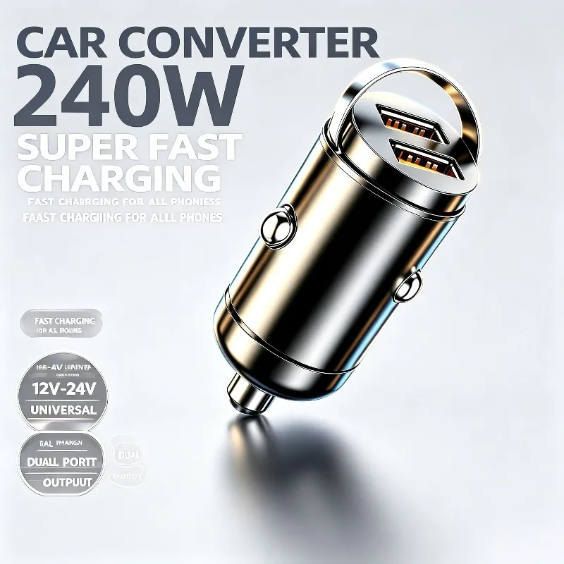 240W Ultra Fast Dual USB Car Charger Mini Hidden All Protocol Zinc Alloy Car Charging Adapter For iOS Android Smartphones