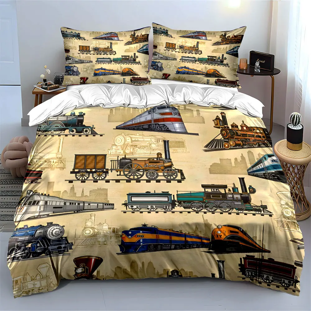 

Vintage Train Themed Decor Set Soft Skin-Friendly Bedding Set Includes 1 Duvet Cover And 2 Pillowcase, Gift