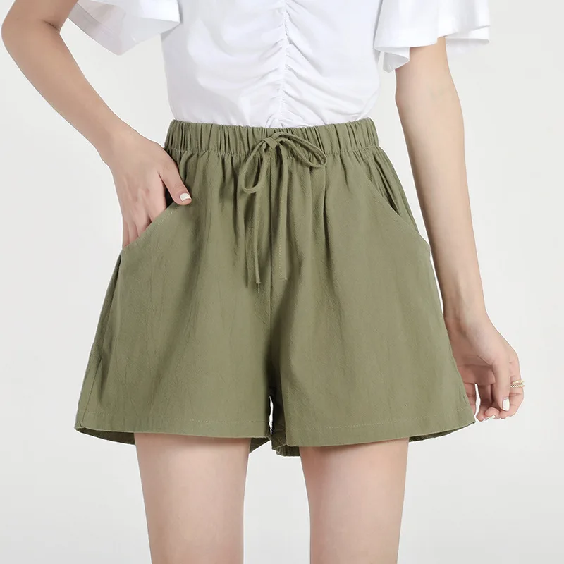 Plones Cortos de Mujer de Cintura Alta y Pierna Ancha de Aodón y Lino con Cordón, Estilo Nuevo de Verano, Capa Base, La...