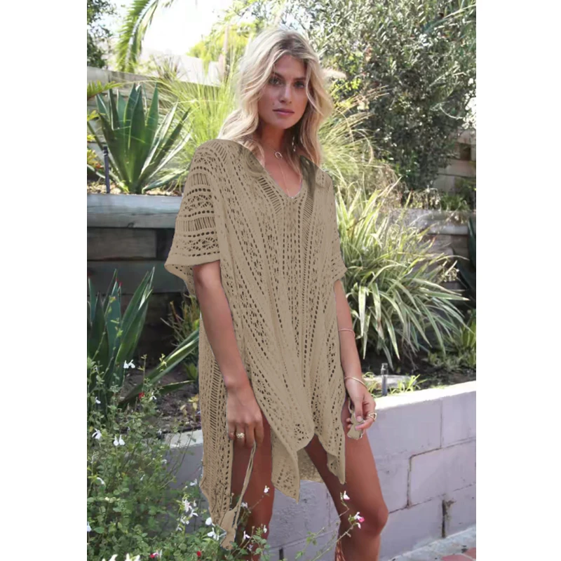 Knit Hollow Out Dress Without Bikini, Long Sleeves Round Neck See Through Crochet Cover Up Dress, Women\'s Swimwear & Clothing