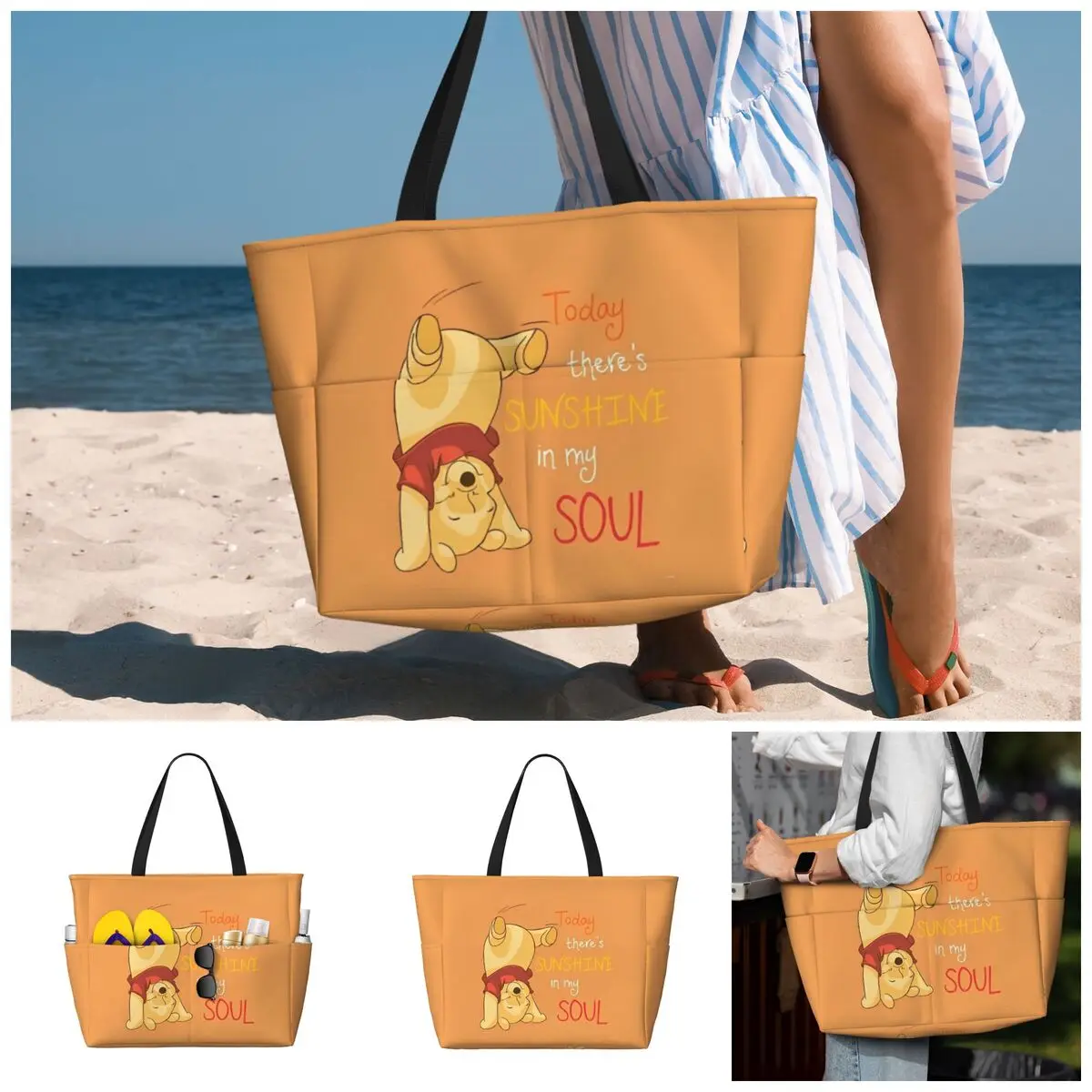 Winnie The Pooh Large Beach Tote Bag Women Waterproof Sandproof Tote Bags for Pool Party