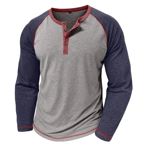 Imagen 2 del producto Nueva camiseta de manga larga con cuello Henry para hombre de otoño e invierno, camisetas americanas de Henry para hombre, camisetas superiores