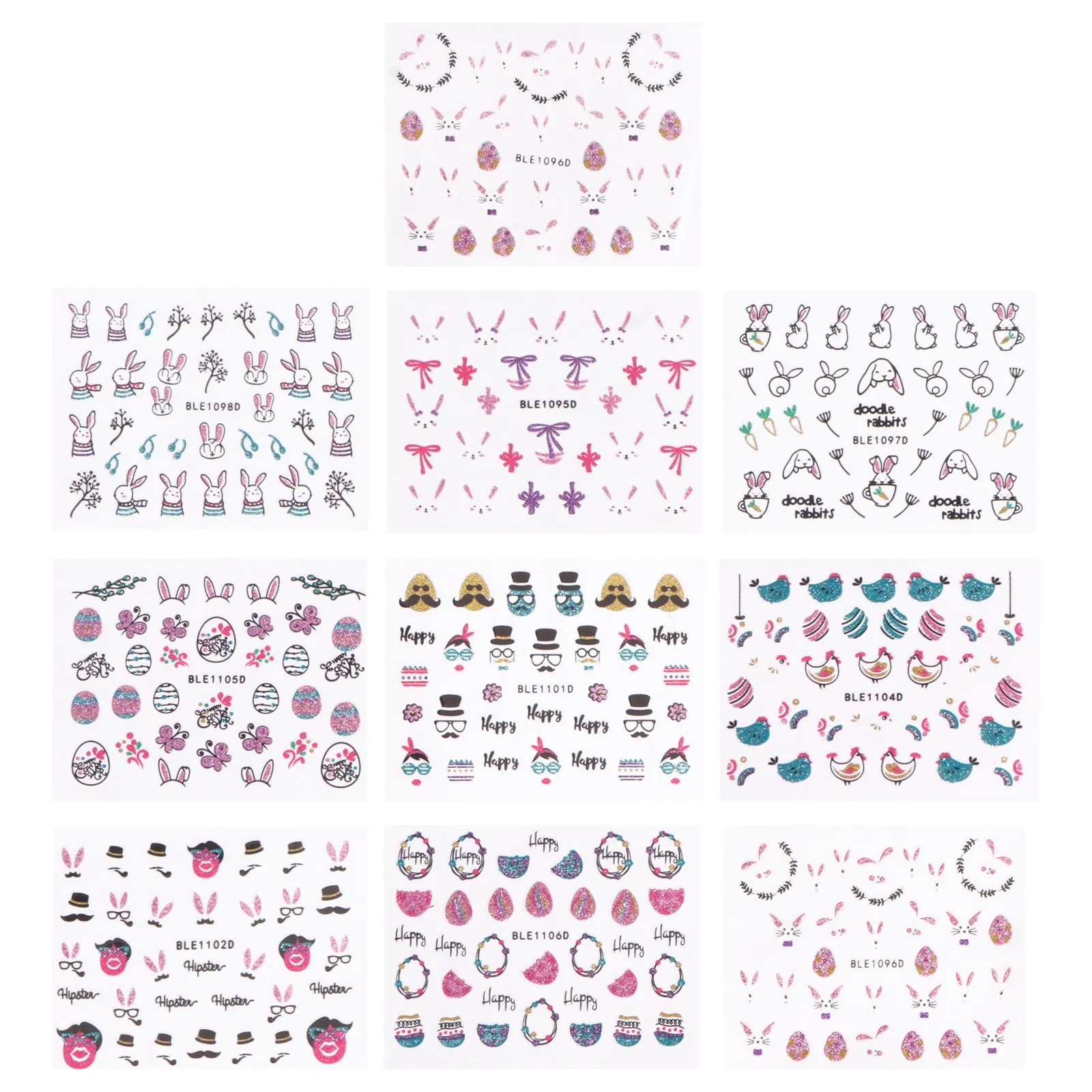 

10 Sheets Rabbit Nail Stickers Safe Premium Material Easter Theme Cartoon Adhesive Decoration Nail Art Manicure Party