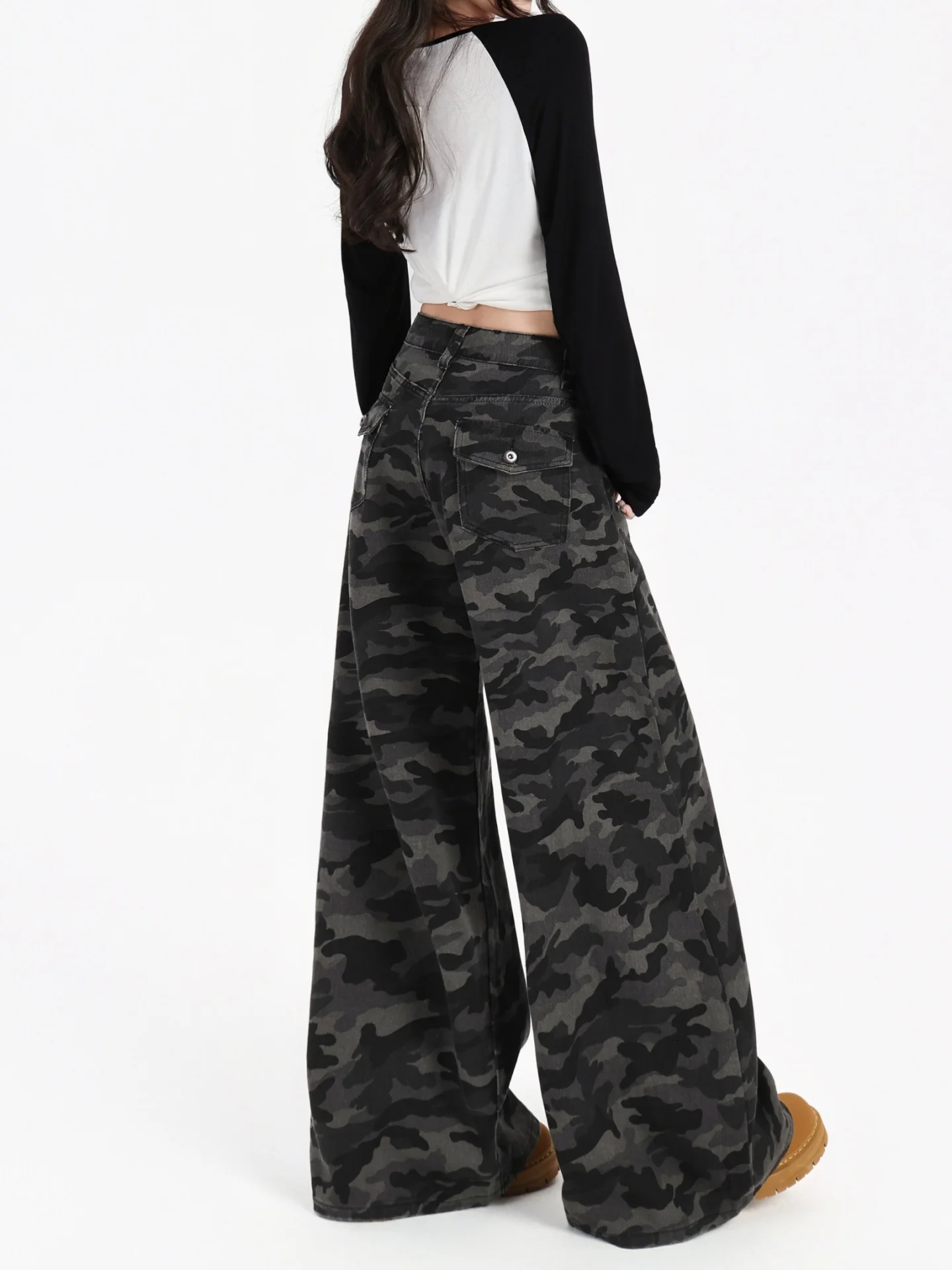

Большие размеры, американские камуфляжные широкие джинсы, женские свободные прямые брюки с высокой талией, рабочая одежда для тела с грушей