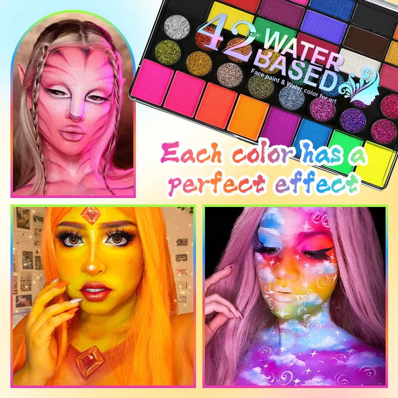 Water-Based 42 Colors Face Paint Palette Neon Fluorescent Shades with Glitter Sequins for Art, Festivals, Cosplay Makeup