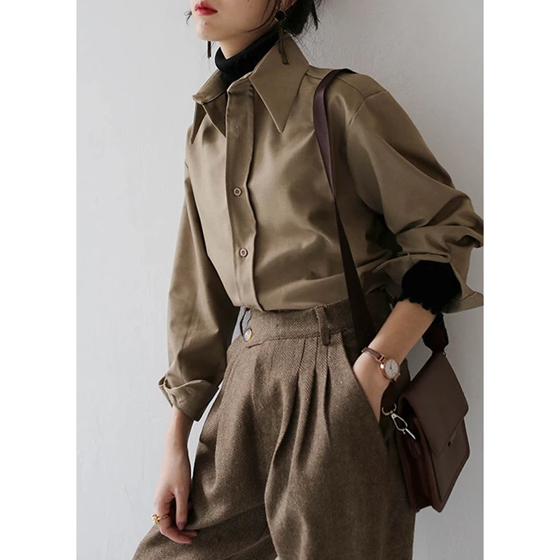 Coffee Women Shirt Spring New 2023 Casual Solid Color Long Sleeve Office Ladies Button Up Shirt Korean Loose OL Workwear