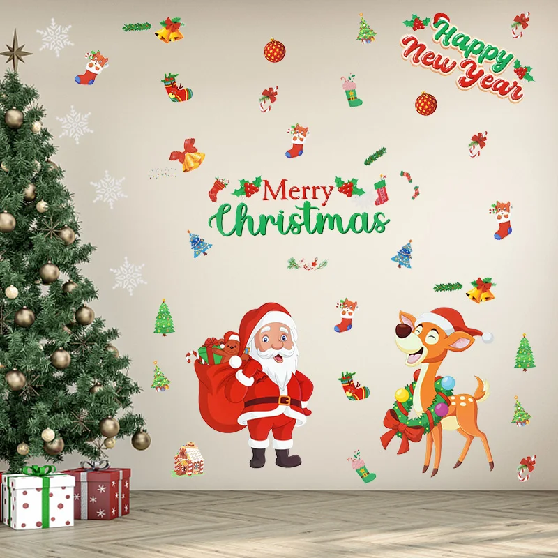 

Cartoon Santa Snowman Elk Wall Window Sticker Christmas Decor For Home New Year Noel Natal Navidad Mural Glass Window Wallpaper