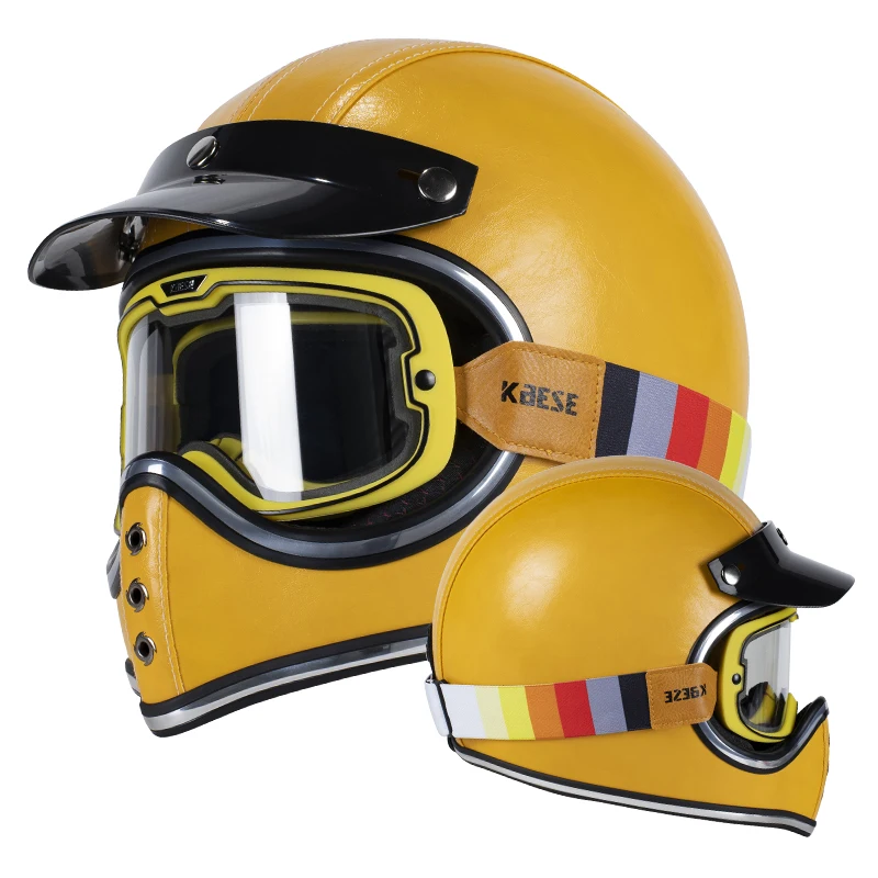 Yellow Vintage Full Helmet with Photochromic Goggles Low Wind Noise High-strength Shell Suitable for Long-term Wearing