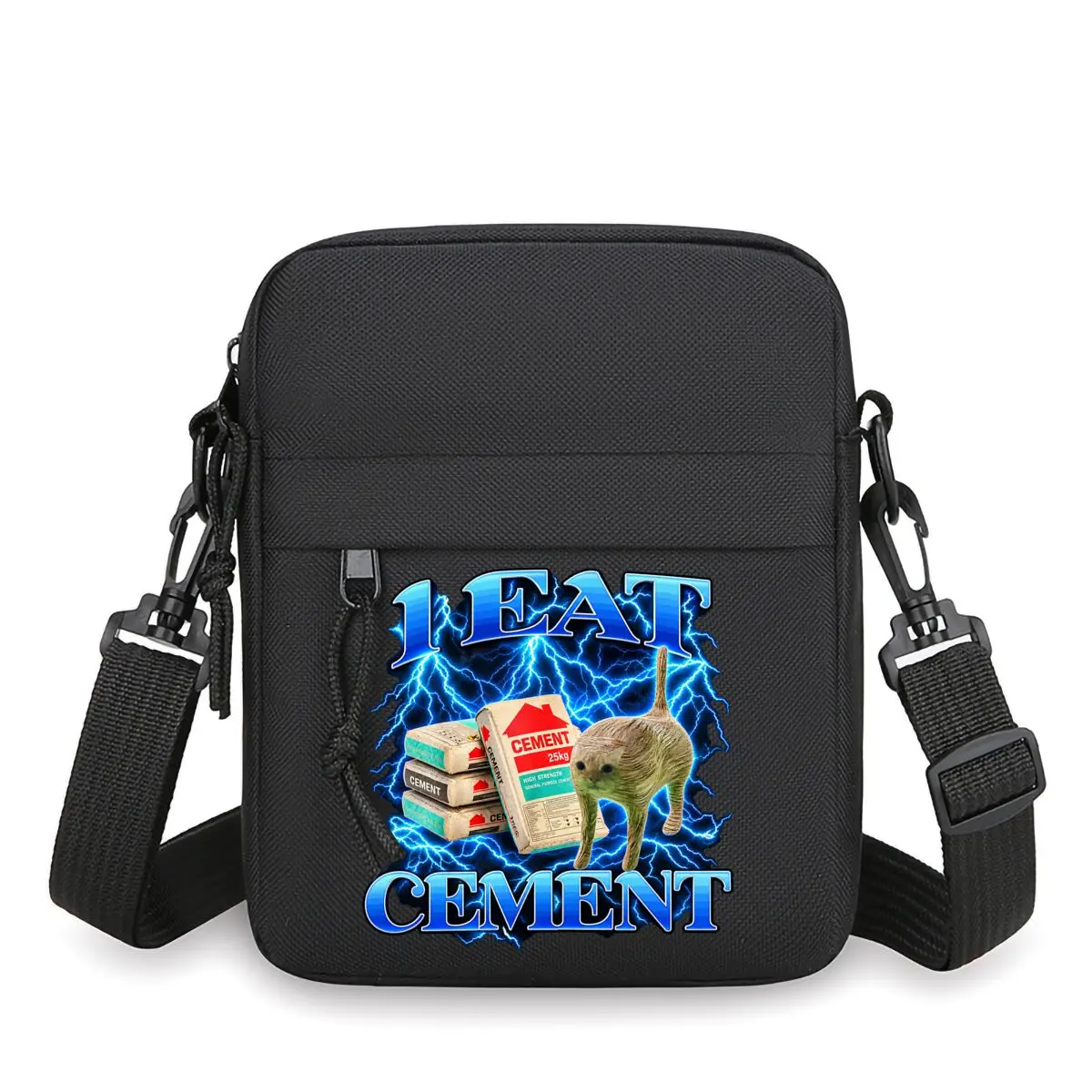I Eat Cement Funny Cat Meme Crossbody Bag, Lightning Graphic Weird Cat Small Sling Messenger Shoulder Bag for Men Women