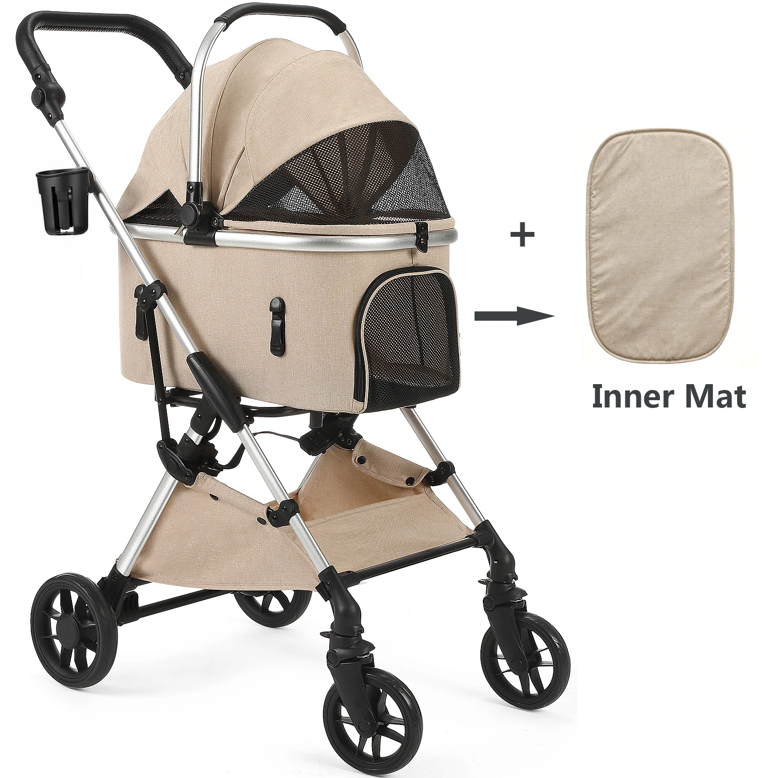 Faltbarer Kinderwagen mit Abdeckung, 4-Rad-Haustier-Kinderwagen für kleine/mittlere Hunde und Katzen mit Aufbewahrungskorb und Getränkehalter