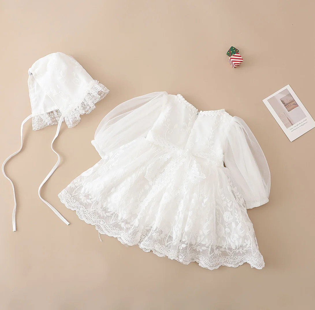 1st Birthday Party Dresses For Girl Newborn Autumn White Lace Princess Baby Baptism Dress With Hat Infant Christening Ball Gowns