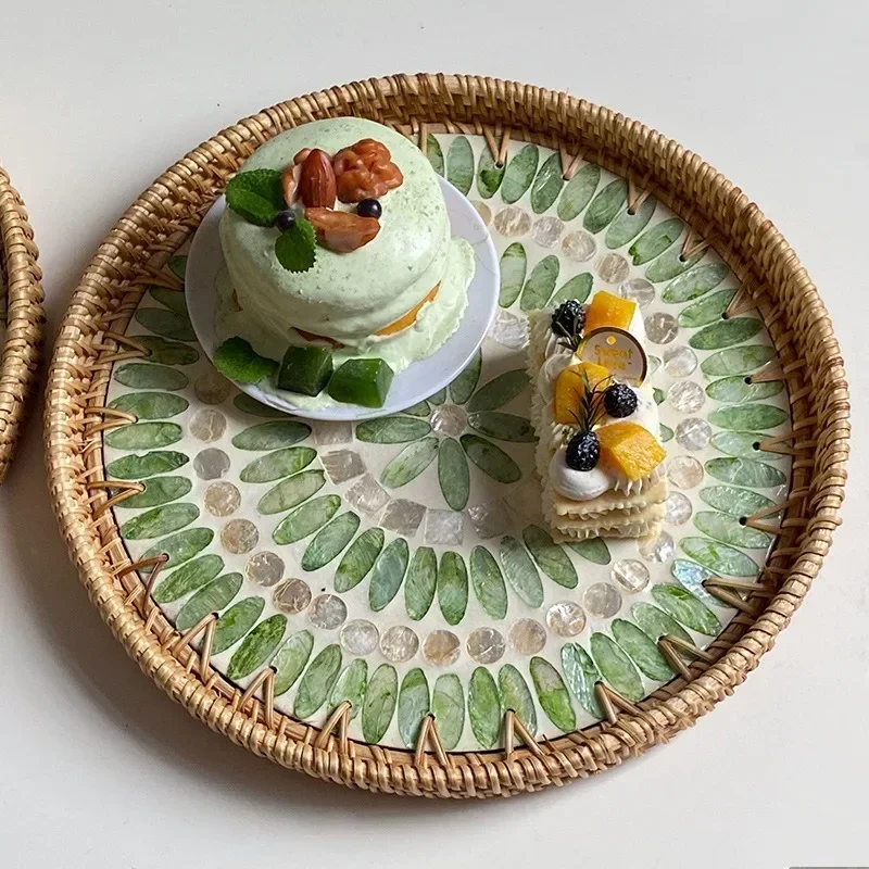 

Корейский поднос ручной работы из ротанга с круглой ракушкой, домашний торт, хлеб, корзина для завтрака, закуски, тарелка с сухофруктами, украшения для дома