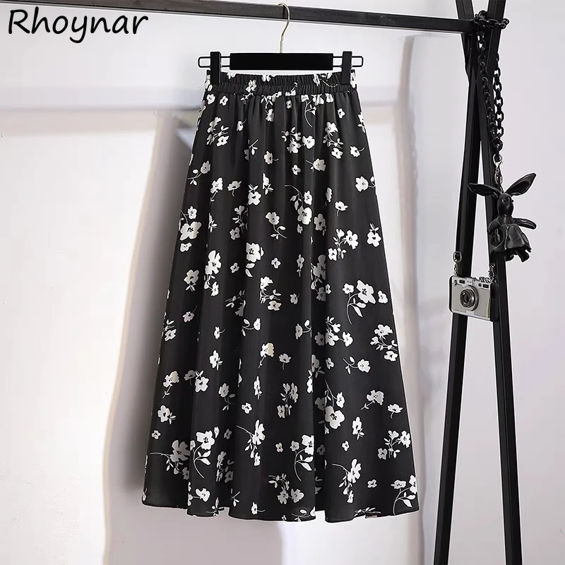 

Floral Midi Skirts Women M-3XL A-line Gentle Vintage Temperament Mature Office Lady Summer Basic High Waist Pretty Simple Faldas