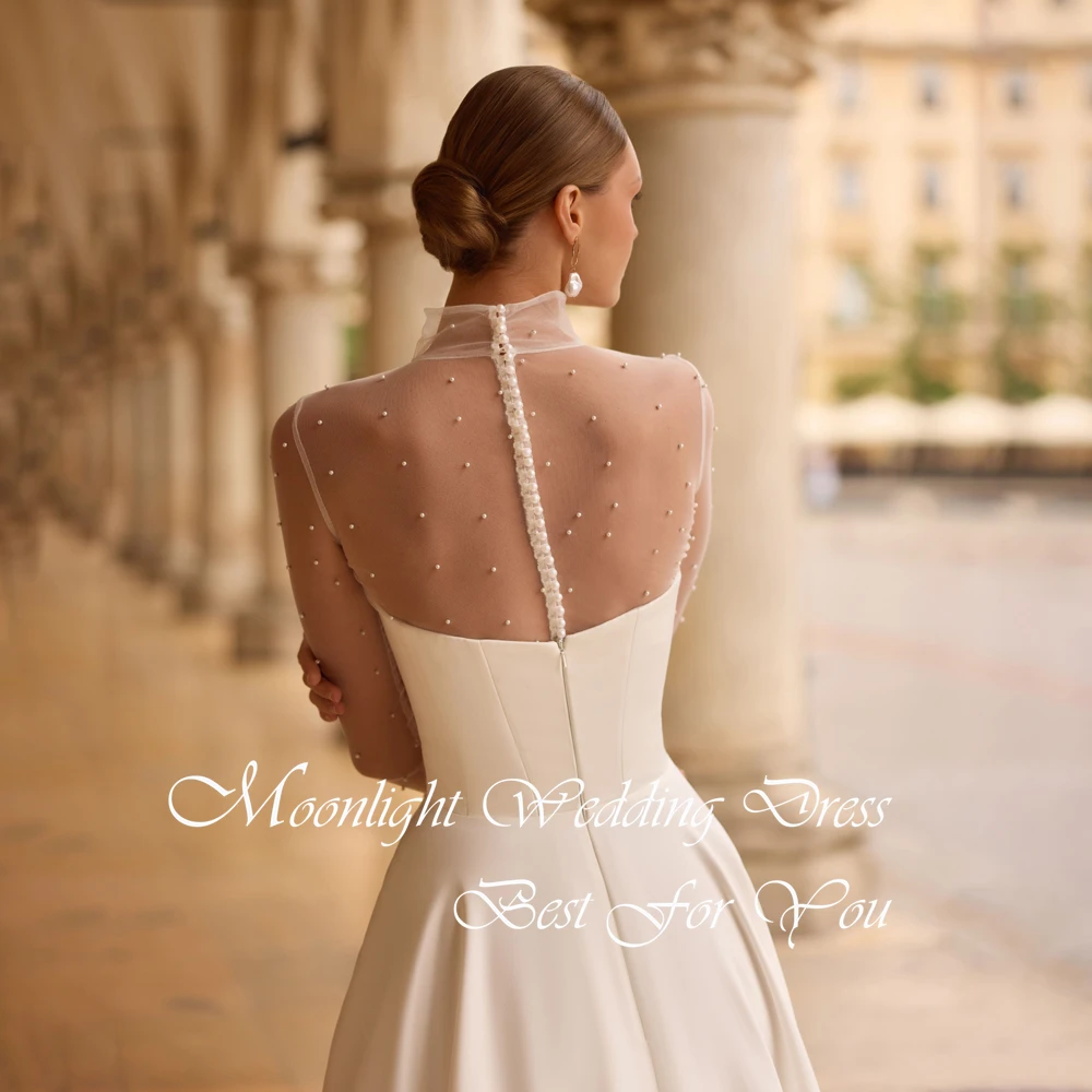 Vestido De Novia moderno De manga larga, corte en A, cuello alto, perlas, plisado, abertura lateral, ilusión en la espalda, Vestido De Novia personalizado