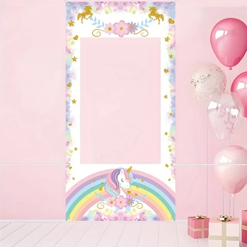 Hintergrundstoff mit Einhorn-Motiv, romantischem Regenbogen- und Blumenmuster mit goldenen Sternen