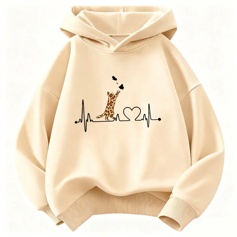 Lustiger Kapuzenpullover mit Herz und Katze für Kinder, Tier-Cartoon Kinder-Sweatshirt, Lässiger Hoodie für Jungen und Mädchen