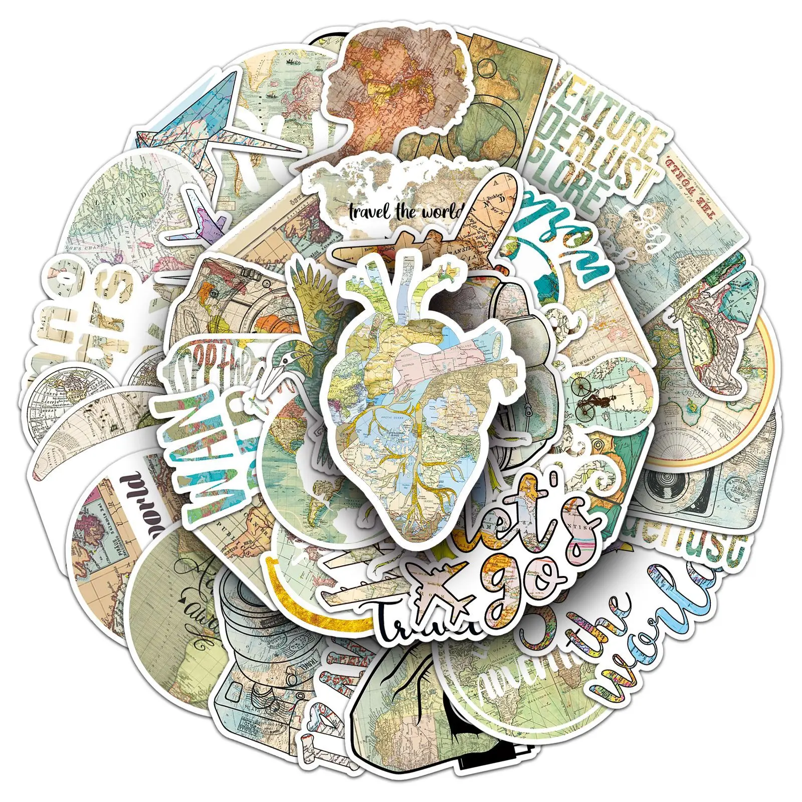 50개 만화 세계지도 스티커 아트 레트로 창의적 그래피티 방수 데칼 장난감 DIY 물컵 문구류 상자 여행가방 데칼