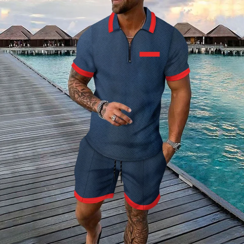 Navy Blue Red Men's Two-Piece Set Polo Shirt Shorts Geometric Print Casual Daily Matching Outfit
