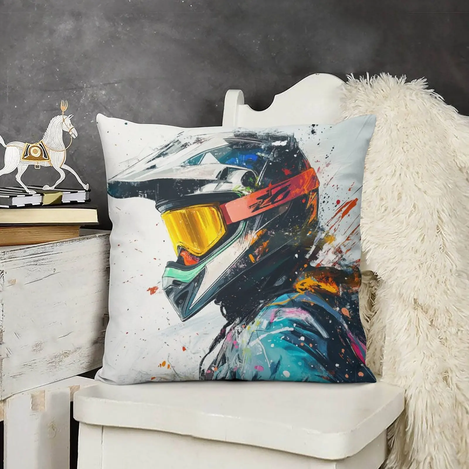 Pillow Cover Short Plush Polyester Motocross Helmet Splatter Art Design Decorative Cushion Case for Sofa Bedroom Gaming Room