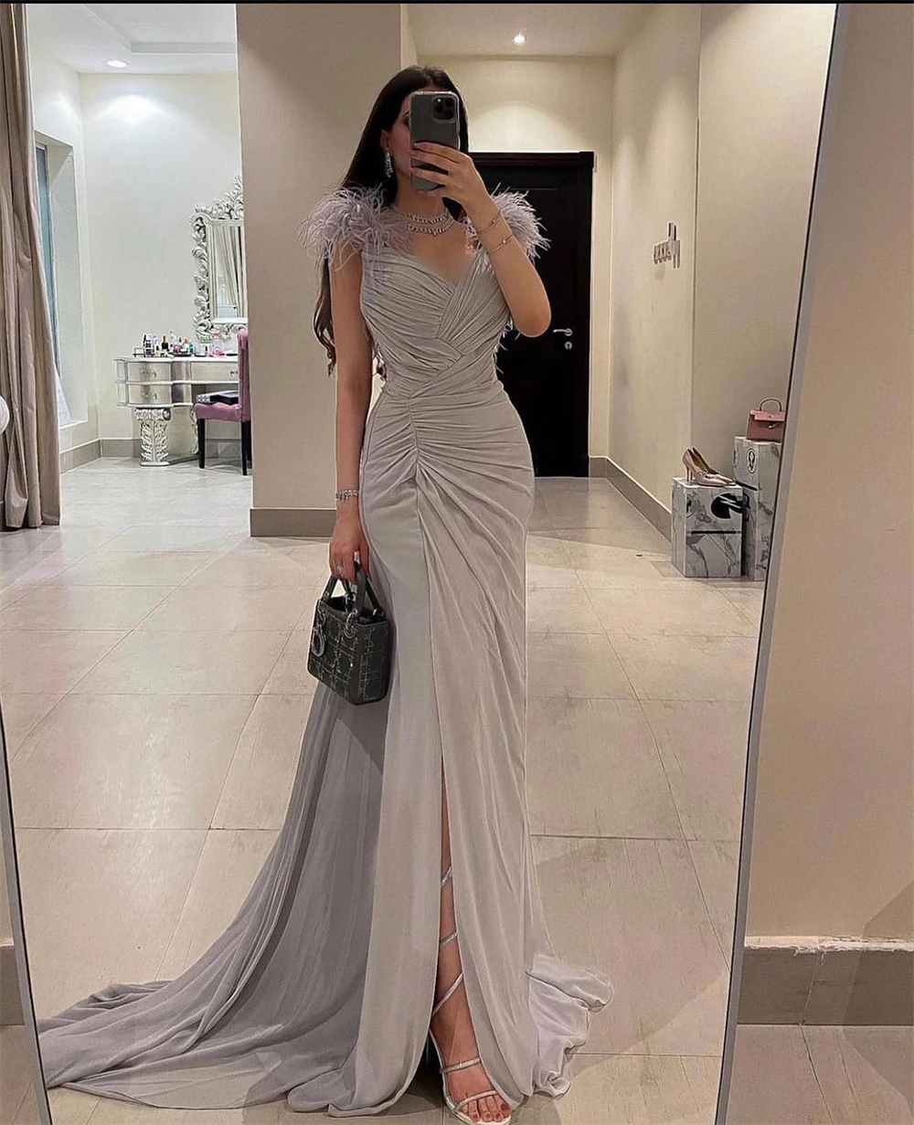 

Jiayigong Chiffon Feather Draped Pleat Ruched Prom A-line V-Neck Bespoke Occasion Gown Long Dresses Sexy Casual