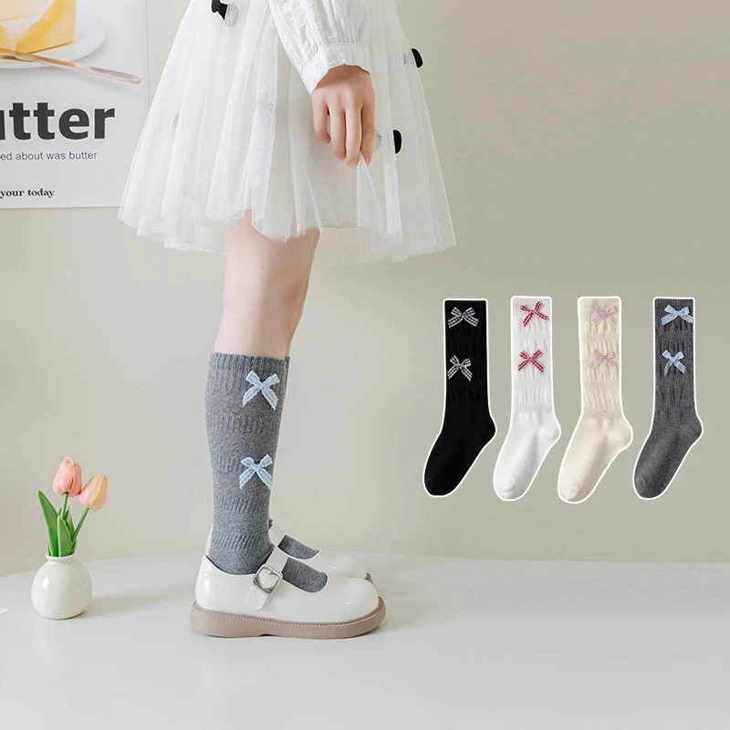 Child Long Socks For Girls Spring Autumn Cotton Bow Children Calf Socks Retro Solid Knee High Baby Kids Girl Elegant Sock 1-12Y view 3