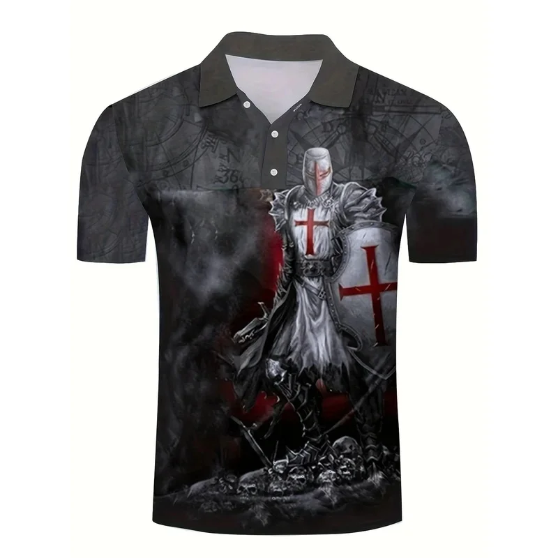 Men's 3D Print Knights Templar Medieval Red Cross Gothic Short Sleeve Polo Shirt Vintage