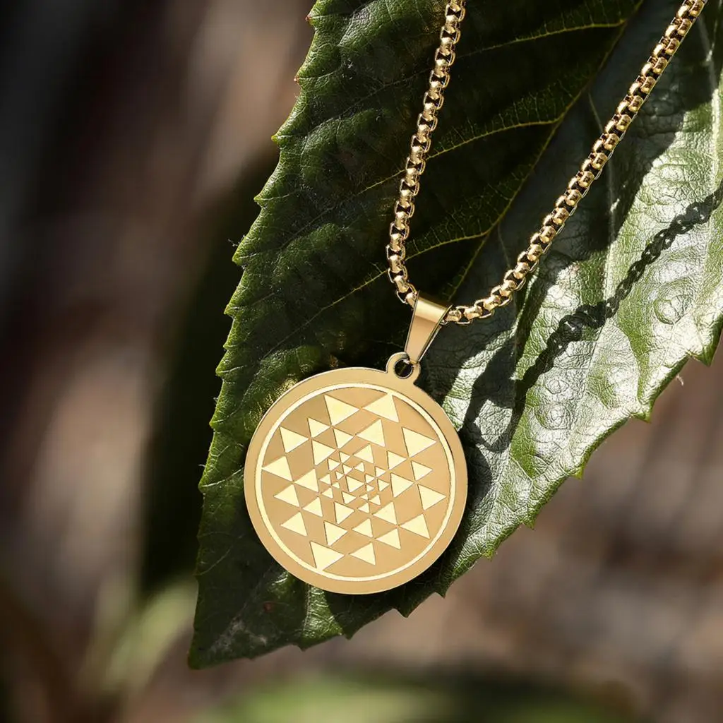 QIMING Gold Sri Yantra Stainless Steel Pendant Necklace Women Sacred Buddhism Amulet Jewelry Choker Necklace