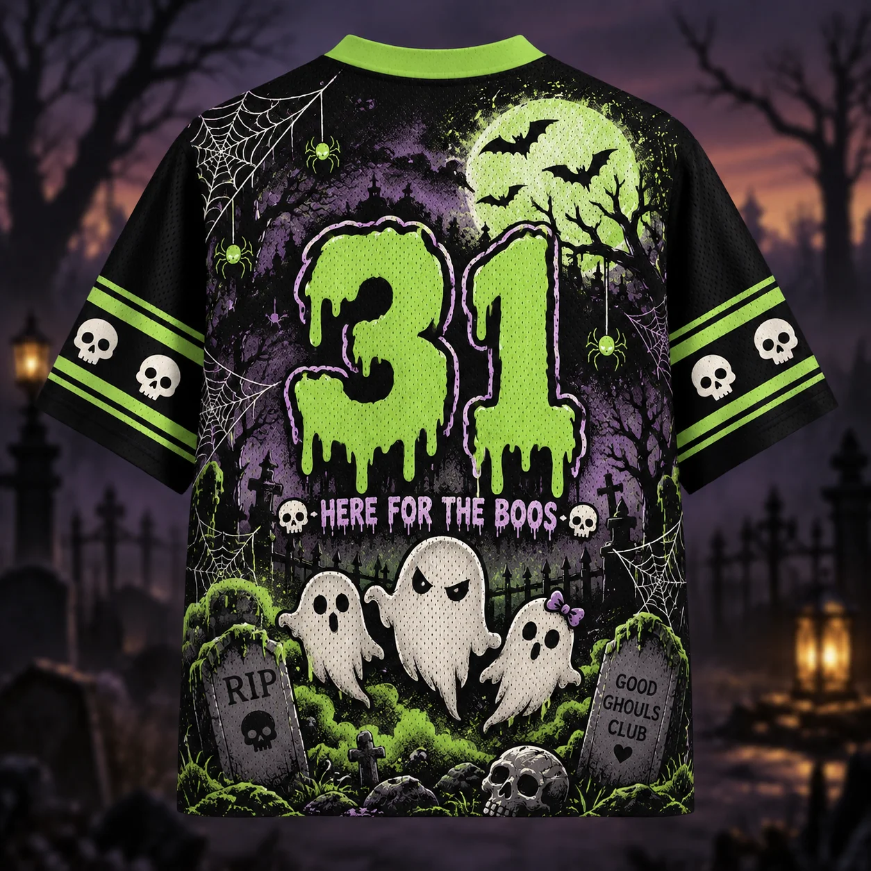 Here For The Boos 31 Halloween Oversized Mesh Jersey, Cute Ghost Tombstone Spider Bat Print V‑Neck Short Sleeve Streetwear Top