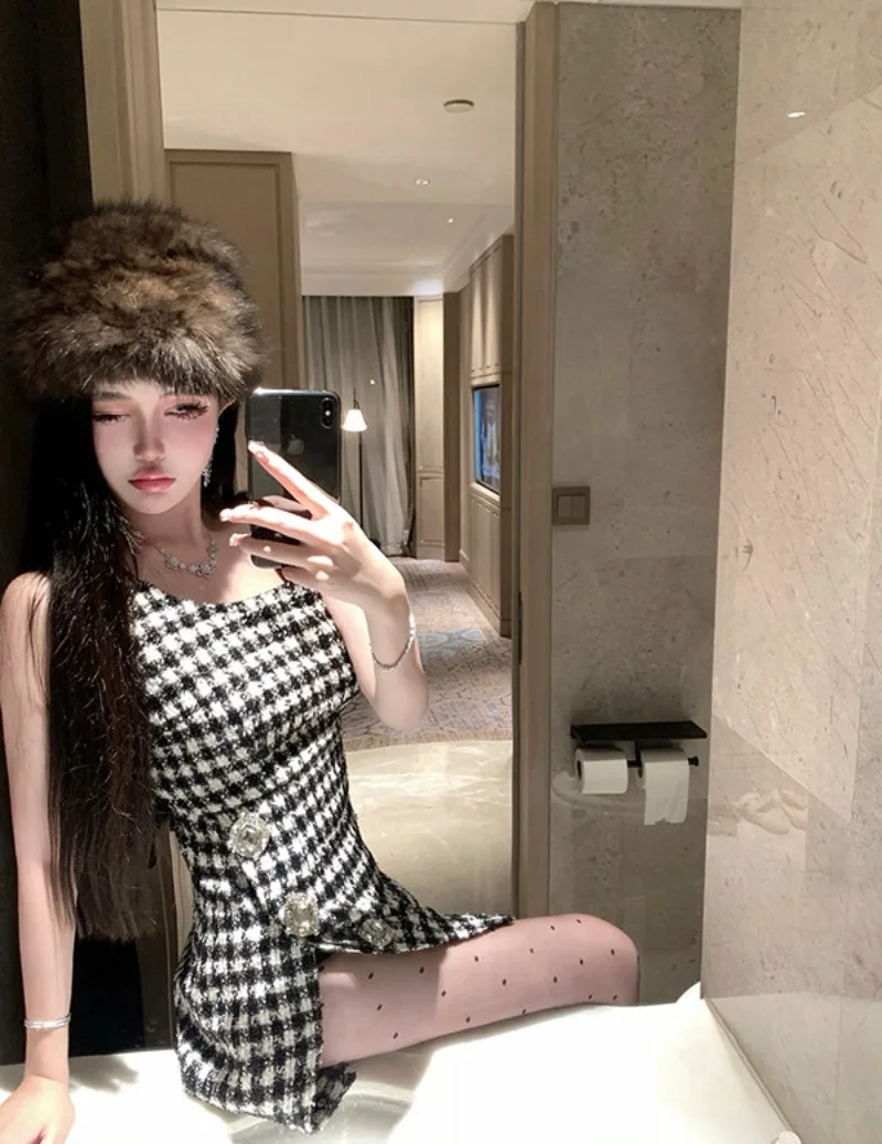 ชุดเดรสแขนกุดลาย Houndstooth สวยงาม cewek seksi หวานชุดเดรสสั้นเข้ารูปกระดุมติดเพชรสำหรับฤดูใบไม้ร่วง