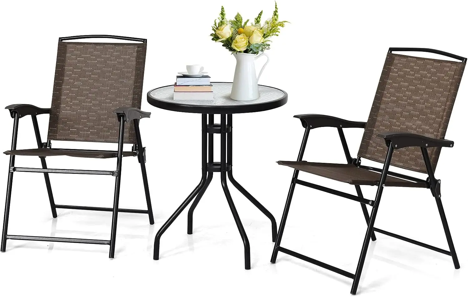 3 Pieces Patio Bistro Set, Outdoor Folding Chairs & Table Set with Tempered Glass Tabletop, Round Table & 2 Foldable Chairs, Sma