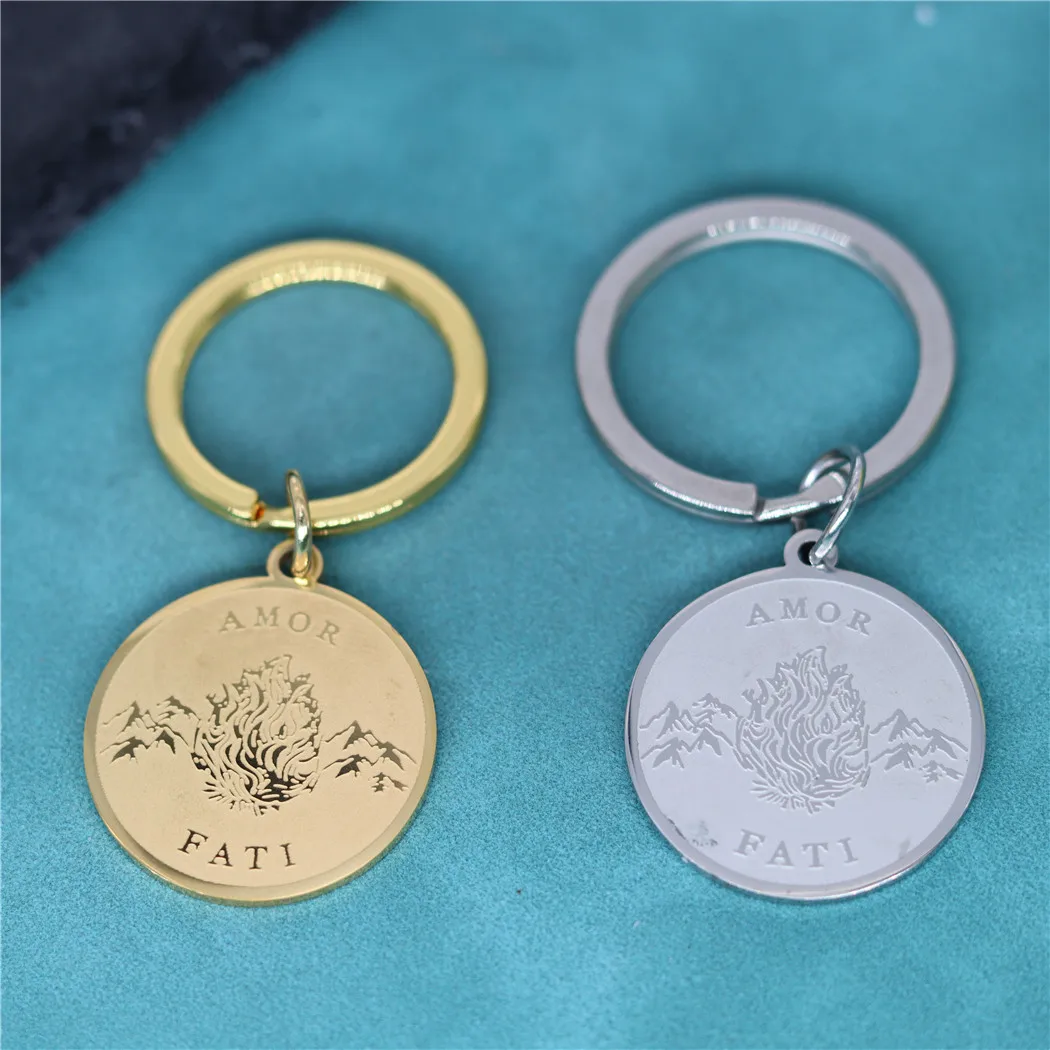Llavero con colgante estoico de Amor Fati de acero inoxidable para hombres y mujeres, medallón de filosofía Memento Mori, llaveros, regalo de cumpleaños