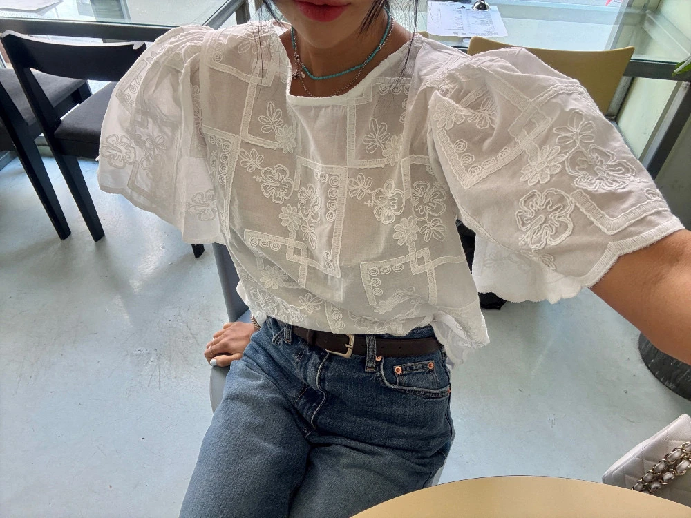 

Dongda Gate Heavy Embroidery irt Women's Straight round Ne Plaid Versatile Korean Sle Top Quali ort Sve Blouse