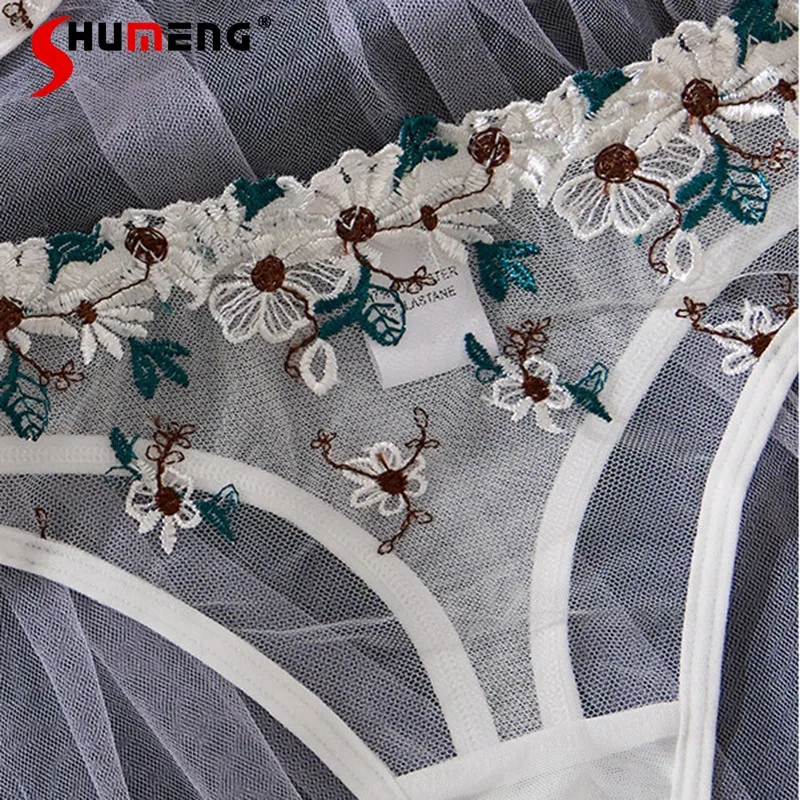 Sheer Embroidery Sexy Lingerie for Women Ultra Thin Cup Bra Set with Underwire Female Large Bust Underwear Brief Suits