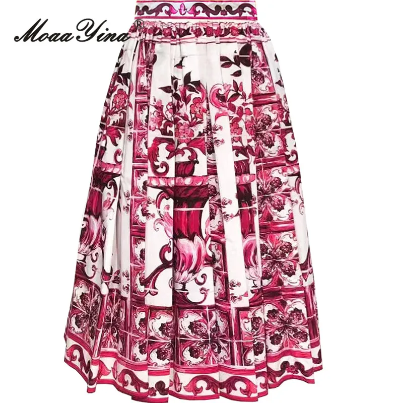 

MoaaYina Summer Fashion Designer Women's Vintage Flower Print Skirt Big Swing Pleated High Waist Midi Skirt