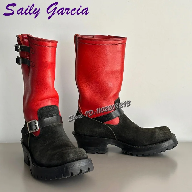 Botas de jinete americano de retales oscuros, botas de vaquero del oeste de media pantorrilla con hebilla de cinturón y punta cuadrada, zapatos de trabajo Retro para hombre, novedad de otoño 2026