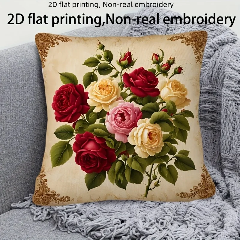 1pc 2D Flat Pillow Not Included Vintage Roses Gold Frame Floral Cushion Cover Short Plush Romantic Bedroom Decor Gift Case