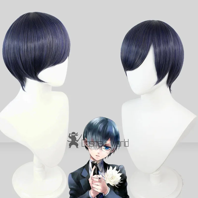 

Парики для косплея Ciel Phantomhive, короткий костюм для вечеринки 30 см, термостойкие синтетические волосы Ciel, вечерние + шапочка для парика