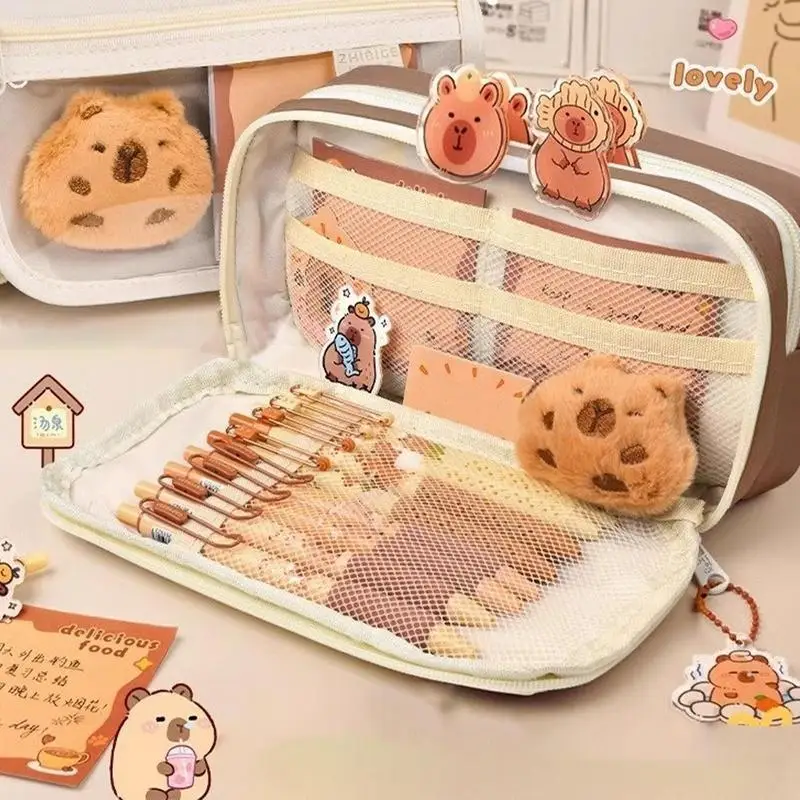 Estojo de lápis de tecido capivara fofo, 9 camadas, grande capacidade, zíper animal, bolsa infantil, meninos, meninas, material escolar