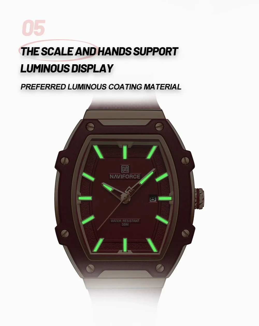 NAVIFORCE NF8069 المرأة كوارتز أنيقة التقويم عرض سيليكون حزام مضيئة مؤشر 3ATM مقاوم للماء ساعة السيدات