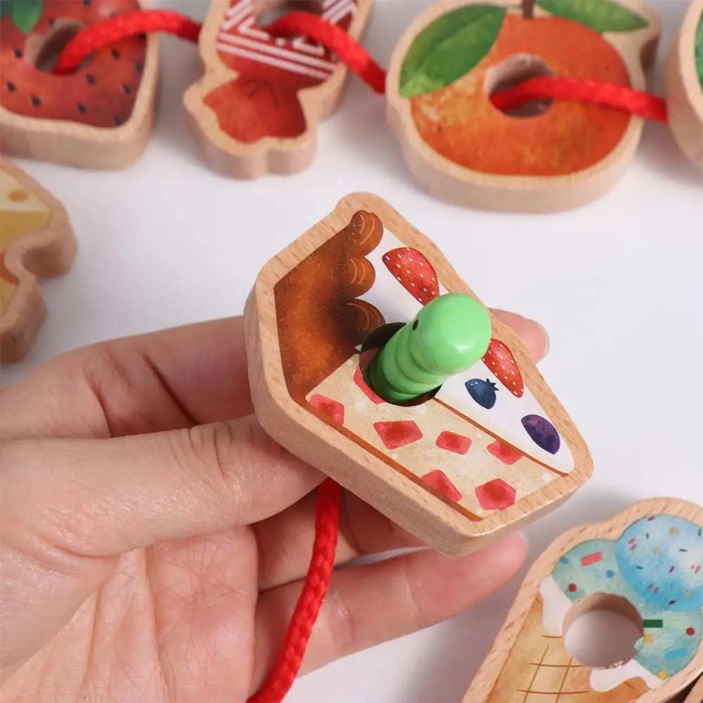 Caterpillar Food Stringing Threading Beads Toys Wooden Food Matching Sorting Baby Threading Games Handmade Educational