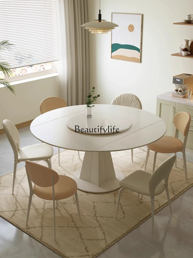 Cream wind dining table simple rotating and retractable small apartment multi-functional rock slab dining table
