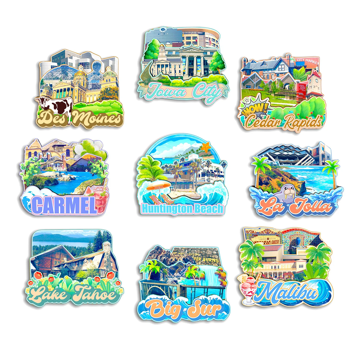 

Lake Tahoe Malibu Big Sur Huntington Beach La jolla Carmel Des Moines California USA Fridge Magnet Travel Souvenir Gift