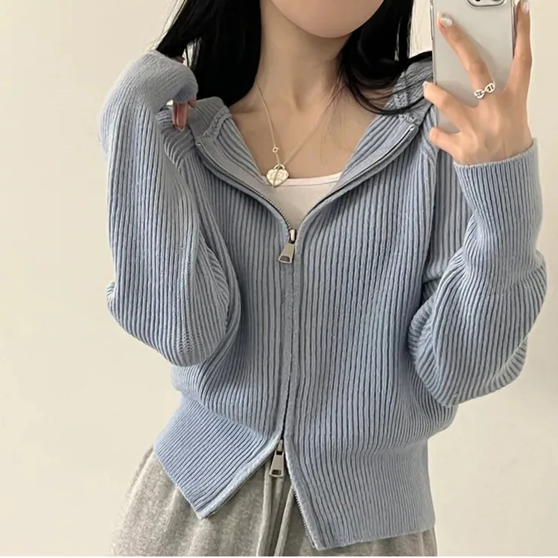 Elegant Women Long Sleeve Cardigan Hooded Sweaters New Fashion Autumn Zipper Knitted Sweaters Office Loose Casual Winter Coat