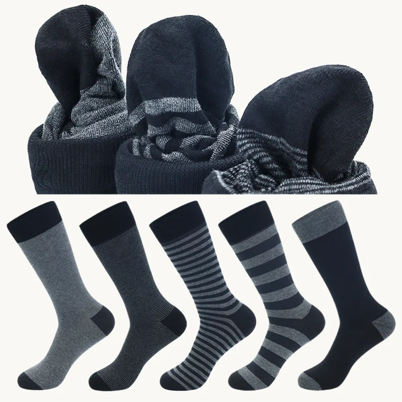 5 paia Fashion Business Men Dress Stocking calze morbide e traspiranti calze da uomo in puro cotone a righe grigie nere